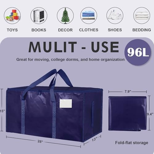 6 Pack-Extra Large Heavy Duty Moving Bags - Waterproof Storage Totes with Handles & Zippers, Foldable for College Dorm, Storage (Dark Blue) - Image 2