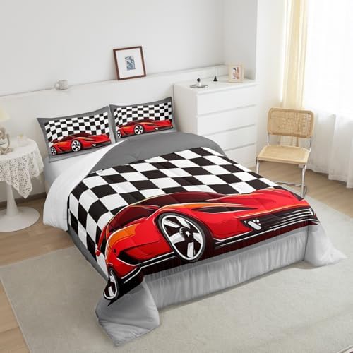 Racing Car Comforter Set, Cool Speed Race Car Down Comforter Twin Size For Kids Boys Girls Teens Bedroom, Automobile Extreme Sport Quilted Duvet Grid Buffalo Duvet Insert With 1 Pillow Cases - Image 5