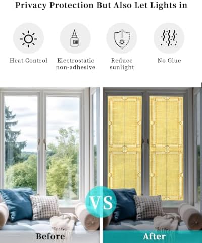 Window Privacy Film Frosted, Lemon Yellow Botanical Reusable Static Cling Window Tints, Vintage Florals Geometric Minimalist Heat Control Windows Films for Offices, Balcony, 29.5 x 118 Inches - Image 6