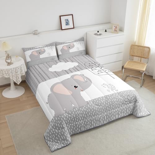 Castle Fairy Cartoon Elephant Bedding Set King Size,Kawaii Cute Wild Animal Comforter Set Room Decor for Home,Grey White Tree Cloud Flower Microfiber Down Comforter,with 2 Pillowcases - Image 4