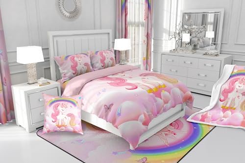 Erosebridal Unicorn Girls Bedding Set Toddler Size Cute Rainbow Unicorn Comforter Set Kids Cartoon Kawaii Cute Duvet Set Pink Unicorn Quilt Stars Fantasy Girls Room Decor Teens Children Reversible - Image 6