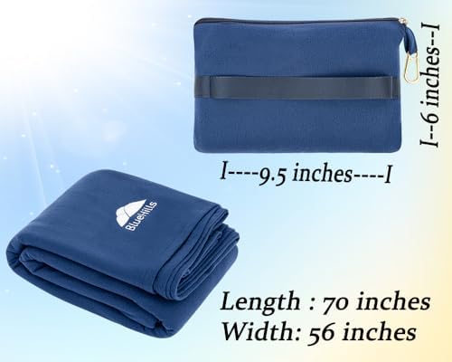 BlueHills Ultra Compact Travel Blanket Pillows Lightweight for Two Airplane Traveling Essentials Flight Throws in Bag case with Backpack Clip Compact Large Plane Accessories – Beige and Navy Blue - Image 5