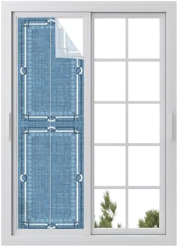 Window Privacy Film Frosted, Denim Blue Botanical Reusable Static Cling Window Tints, Vintage Florals Geometric Minimalist Heat Control Windows Films for Offices, Balcony, 29.5 x 118 Inches by Unknown
