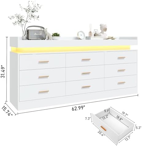 jiteentarou 9 Drawer Dresser with Charging Station and LED Lights, Modern Chest of Drawers with Power Outlet, Organizer Cabinet for Bedroom, Living Room, Entryway, White - Image 3
