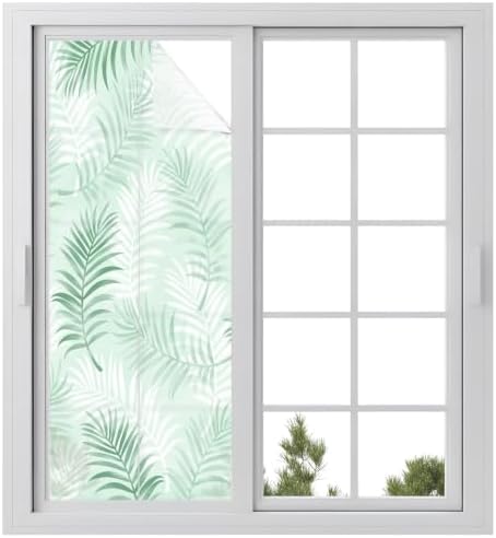 Window Privacy Film Frosted, Light Green Botanical Static Cling Door Window Covering, Summer Palm Leaves Foliage Tropical UV Blocking Windows Film for Office, Hotel, Bedroom, 29.5 x 78.7 Inches by Unknown