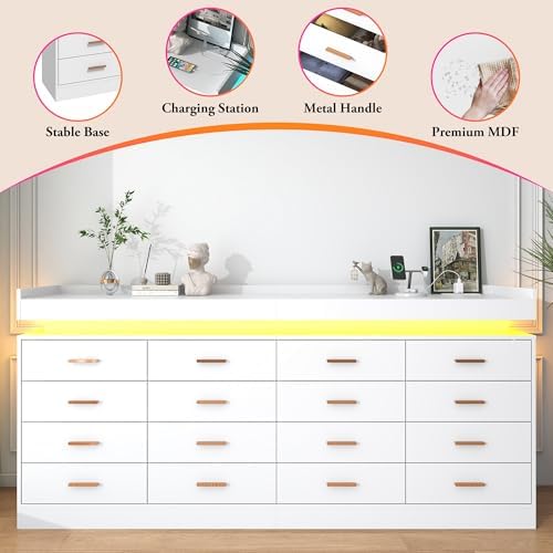 jiteentarou 16 Drawer Dresser with Charging Station and LED Lights, Modern Chest of Drawers with Power Outlet, Organizer Cabinet for Bedroom, Living Room, Entryway, White - Image 7