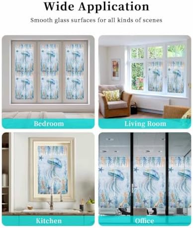 Window Privacy Film Frosted, Coastal Jellyfish Non-Adhesive Static Cling Window Tint, Blue Ocean Coral Summer Beach Seaweed Insulated Windows Frosted Films for Living Room, 35.4 x 78.7 Inches - Image 7