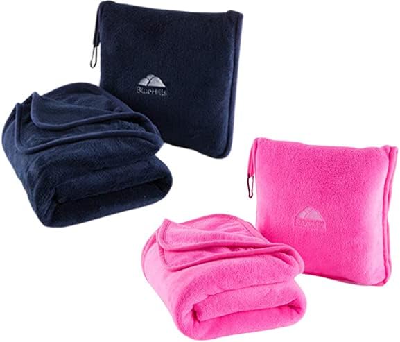 BlueHills Premium Soft Mini Plush Travel Blanket Value Pack Set of 2 - Airplane Travel Essential Flight Blanket Throw in a case with Strap Compact for Car Plane Travel Gift – Pink and Navy Blue. by BlueHills