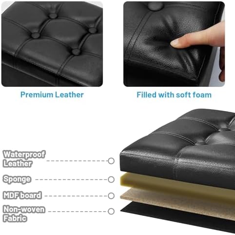 Bsketa Storage Ottoman Bench, 16" Folding Leather Foot Rest, Black 2 Pack - Image 4