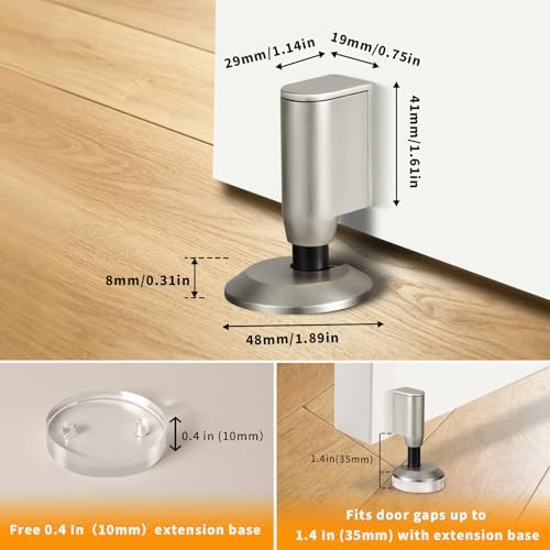 2 Pack Magnetic Door Stopper, Retractable Magnet Floor Door Stop with 0.4 in (10mm) Extension Base, Adhesive Door Magnetic Catch, Door Holder for Gaps Up to 1.4 in (35mm), Brushed Nickel BN-2 - Image 2