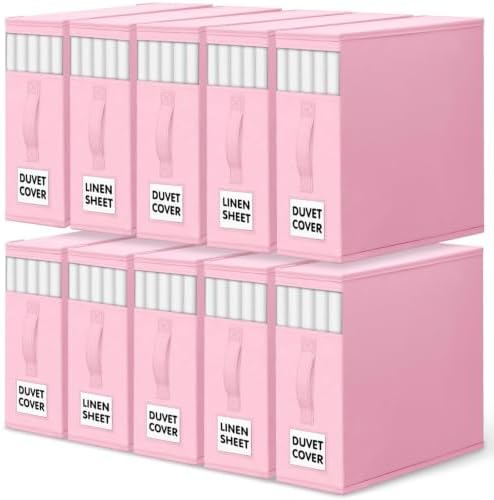 WOWBOX Sheet Organizers and Storage,Closet Bed Sheet Organizer Under Bed Storage and Organization with Label Cards & Clear Window for Bedding Sheets,Duvet Covers,Blankets (10 Pack，Pink) by WOWBOX