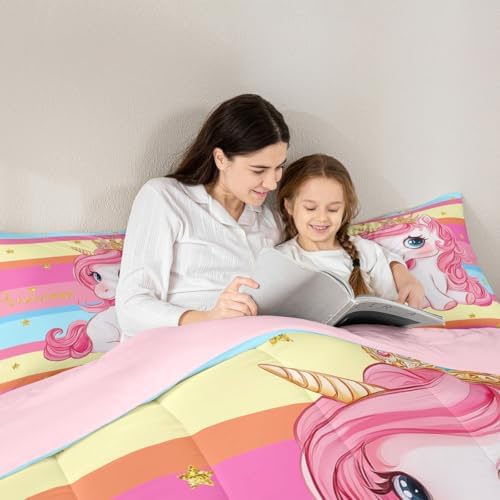 Erosebridal Pink Unicorn Toddler Bed Comforter Set for Girls | Princess Rainbow Unicorn Bedding Set Cute Stars Striped Bed Sets Girly Cartoon Horse Quilt Comforter Fantasy Girls Room Decor,2 Pcs - Image 6