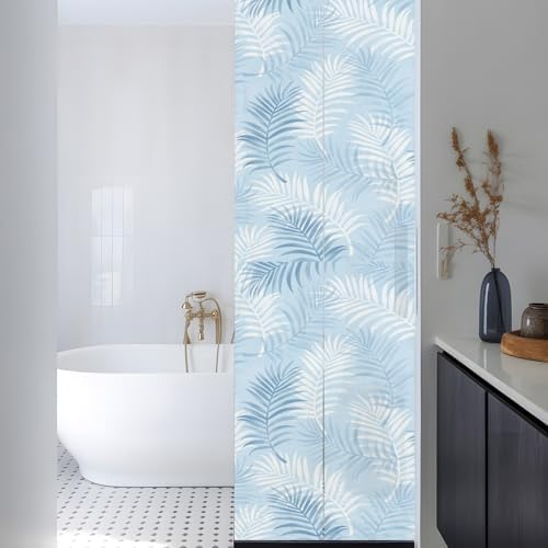 Window Privacy Film Frosted, Light Blue Botanical Reusable Static Cling Window Tints, Summer Palm Leaves Foliage Tropical Heat Control Windows Films for Offices, Balcony, 29.5 x 118 Inches - Image 3