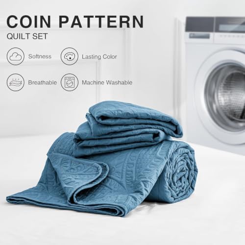 Love's cabin Quilts for Queen Bed Misty Blue Bedspreads Bedding Set - Lightweight Bedspread Comforter - Coin Pattern Bedding Coverlet for All Season - 3 Pieces (1 Quilt, 2 Pillow Shams) - Image 7