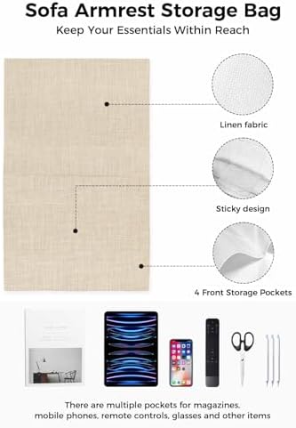 Sofa Armrest Organizer Bedside Caddy, Vintage Cream Non Slip Couch Remote Control Holder for Recliner, Farmhouse Retro Beige Solid Color Armchair Caddy with Pocket for Magazine, Phone, 19.7"x35" - Image 2