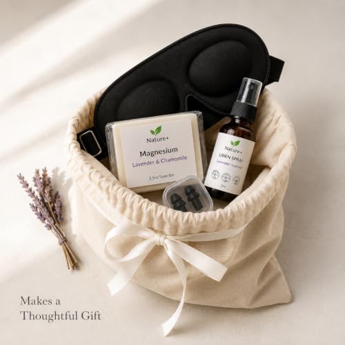 Nature+ Sleep Gift Set for Women & Men-5-Piece Sleep Essentials Kit with 3D Sleep Mask, Earplugs, Lavender Linen Spray, Magnesium Soap & Cotton Gift Bag | Wellness & Relaxation Gift - Image 4
