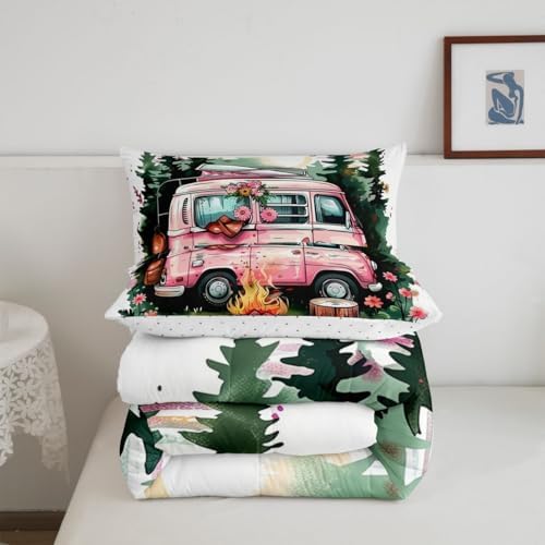 Erosebridal Kids RV Camper Full Bedding Set,Happy Camping Comforter Set for Boys Girls Bedroom Decor,Rustic Country Flower Bed Set Woodland Tree Bedding Comforter Sets,2 Pillowcases - Image 5