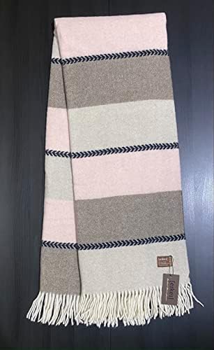 Eikei Merino Wool Throw Blanket Geo Wide Stripe Pattern Fringe Trim Soft Woolen Afghan Style Lightweight Machine Washable Cabana Stripes Scandi Style (Taupe and Pink, 55Wx78L) by EikeiHome