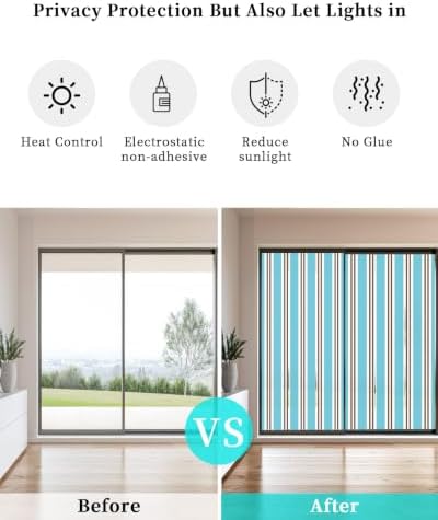 Window Privacy Film Frosted, Blue Brown Striped Non-Adhesive Static Cling Window Tint, Modern Farmhouse Vertical Stripes Insulated Windows Frosted Films for Living Room, 35.4 x 78.7 Inches - Image 6