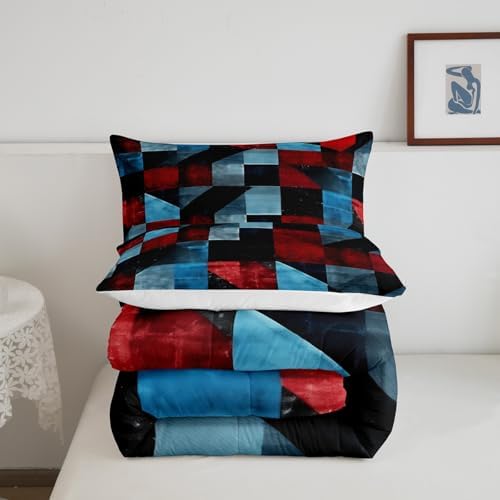 Erosebridal Red Black Blue Comforter Set Twin Size,Geometric Abstract Aesthetic Bedding Set for Kids Adults Room Decor,Retro Grunge Colorful Quilt Bed Set Down Comforter 2Pcs - Image 5