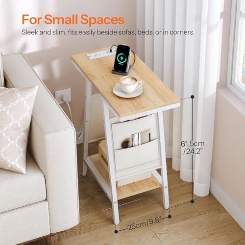 HOOBRO End Table, Skinny Side Table with Storage, Narrow Nightstand with Storage, Fabric Pockets, Narrow End Table for Small Spaces, Living Room, Bedroom, White and Natural WN426UBZ01 - Image 6