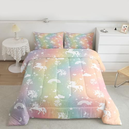 Erosebridal Girls Unicorn Toddler Bedding Set Rainbow Unicorn Comforter Set for Kids Child Ombre Stars Moon Comforter Fantasy Girls Room Decor Rose Flower Duvet Insert Cartoon Kawaii Bed Set - Image 3