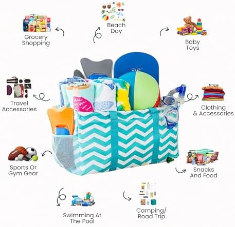 Extra Large Utility Tote Bag - Oversized Collapsible Beach Bag - Chevron Teal - Image 3