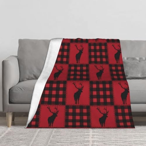Christmas Deer Red Black Plaid Flannel Fleece Throw Blanket - Image 3