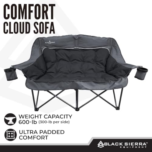 Black Sierra Double Loveseat Comfort Camping Couch, Oversized Folding Chair for Adults, 600‑lb Capacity, Plush Padded Heavy Duty Outdoor Seat with Cup Holders & Carry Bag for Beach, RV - Image 4
