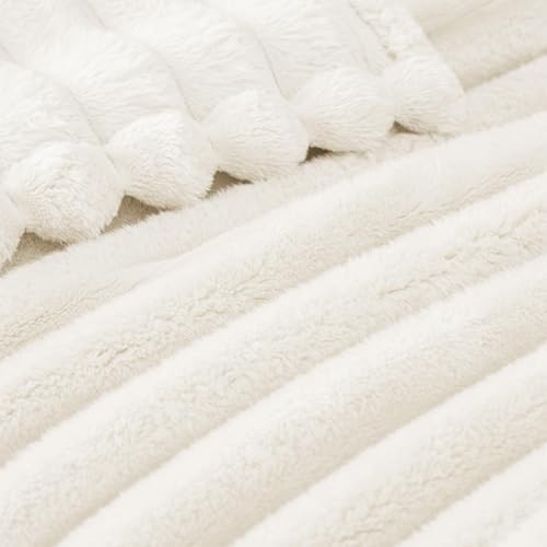 Exclusivo Mezcla Striped California King Fleece Bed Blanket, Ivory - Image 4