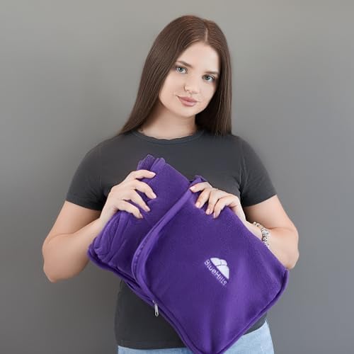 BlueHills Travel Blanket Pillows for Two Airplane Traveling Essentials Flight Throws in Bag case with Backpack Clip Compact Large Plane Accessories – Purple and Grayish Blue - Image 6