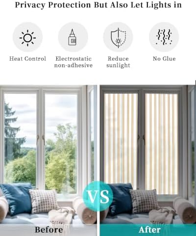Window Privacy Film Frosted, Yellow Stripes Reusable Static Cling Window Tints, Modern Minimalist Vertical Lines Heat Control Windows Films for Offices, Balcony, 29.5 x 118 Inches - Image 6