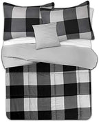 7 Piece Comforter Set Bag Solid Color All Season Soft Down Alternative Blanket & Luxurious Microfiber Bed Sheets, King, Buffalo Plaid Black/Gray - Image 2
