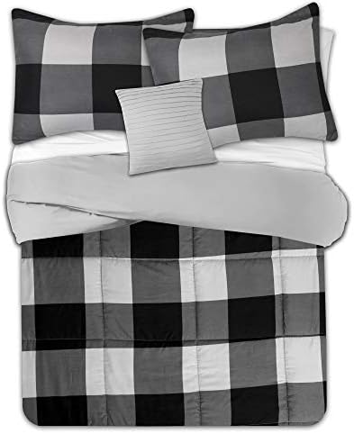 7 Piece Comforter Set Bag Solid Color All Season Soft Down Alternative Blanket & Luxurious Microfiber Bed Sheets, King, Buffalo Plaid Black/Gray - Image 2