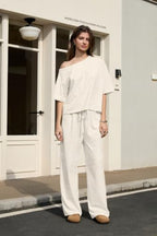 Ythomm Striped Pajama Sets Womens Two Piece Lounge Outfits Short Sleeve Off Shoulder Shirts Drawstring Pants Matching Pj Sets - Image 2