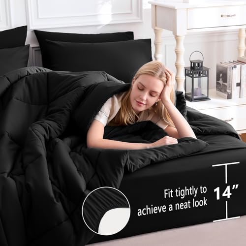 CozyLux King Size Comforter Set Black, 7 Pieces Bed in a Bag, Black Comforter King Size, All Season Bedding Sets with Stitch Quilted Comforter, Flat Sheet, Fitted Sheet, Pillowcases (Pack of 2) - Image 5