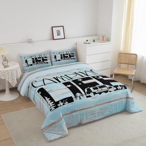 Erosebridal Camper Comforter Set Queen Rustic Farmhouse Camping Bedding Sets for Kids Boys Girls,Rv Bunk Comforter Star Moon Pine Tree Quilt Travel Trailers Accessories for Inside 2 Pillow Cases Blue - Image 3