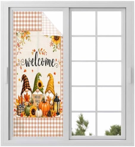 Window Privacy Film Frosted, Thanksgiving Gnomes Static Cling Door Window Covering, Fall Orange White Pumpkin Maple Leaf UV Blocking Windows Film for Office, Hotel, Bedroom, 29.5 x 78.7 Inches by Unknown
