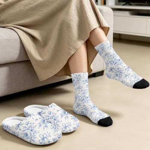 Toile de Jouy Fuzzy Slipper with Socks for Women Cozy Slipper Indoor - Image 4