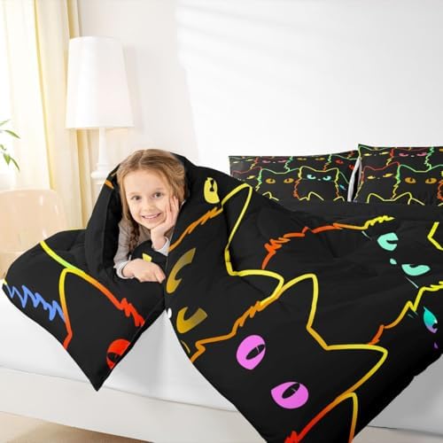 Erosebridal Cat Bedding Sets for Girls & Boys, Gradient Line Cute Cat Comforter Set for Teens & Kids, Animal Quilt Duvet Insert, 2 Pillow Cases, Black - Image 6