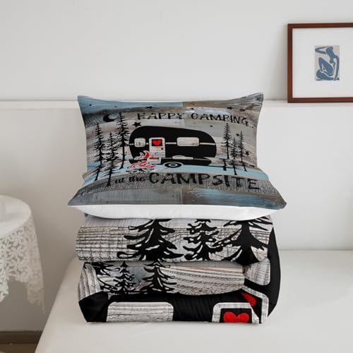 Erosebridal Rustic Farmhosue Down Comforter Queen Camper Bedding Set for Travel Trailers,Happy Rv Camping Comforter Set,Campsite Bed Set for All Season,2 Pillow Cases Blue Grey Black - Image 4