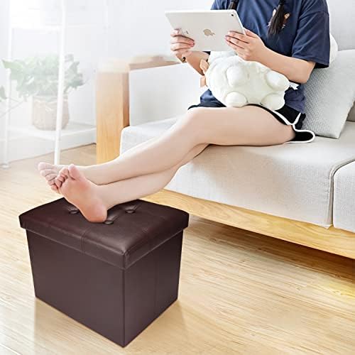 Bsketa Storage Ottoman Bench, 17" Folding Leather Foot Rest, Brown 2 Pack - Image 2