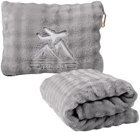 Travel Blanket and Pillow-2-in-1, Ultra-Soft&Compact, One-Piece Airplane Blanket with Hand Luggage Belt and Backpack Clip,Travelers Accessories Gifts, 61x43 Inches (Gray) by Unknown