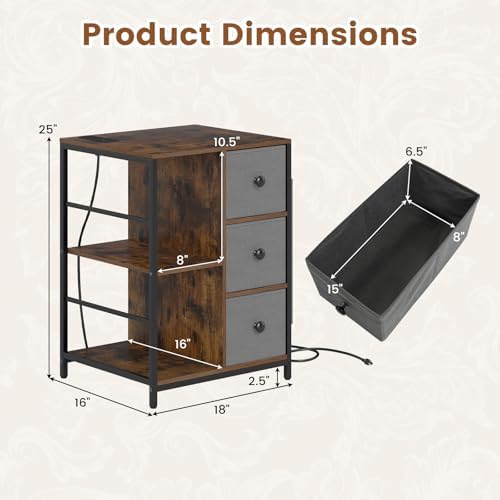 Giantex Industrial Nightstand Set 2 with Charging Station, End Side Table w/3 Fabric Drawers, Side Storage Pockets, Open Shelves, Metal Frame, Rustic Bedside Table Night Stand for Bedroom Entryway (2) - Image 3
