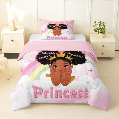Erosebridal Black Girls Toddler Comforter Set Pink Rainbow Princess Bedding Set for Kids Nursery African American Quilt Set Black Princess Girl Duvet Insert Pretty Little Girls Inspirational Bed Set by Erosebridal