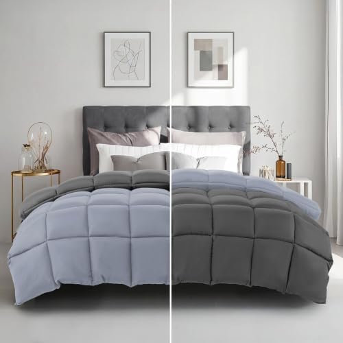 HYLEORY All Season California King Size Bed Comforter - Cooling Down Alternative Comforter Quilted Duvet Insert with Corner Tabs - Winter Warm - Machine Washable - Reversible Dark Grey/Light Grey - Image 2
