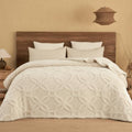 PHF Soft Sherpa Fleece Blanket King, Tufted Jacquard, 01-Oat Milk by PHF