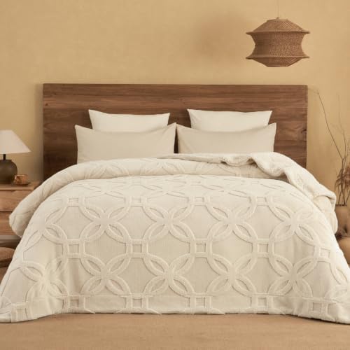 PHF Soft Sherpa Fleece Blanket King, Tufted Jacquard, 01-Oat Milk by PHF