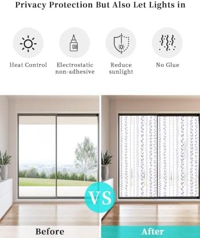 Window Privacy Film Frosted, Modern Minimalist Non-Adhesive Static Cling Window Tint, Rustic Leaves Stripes Pattern Purple Insulated Windows Frosted Films for Living Room, 35.4 x 78.7 Inches - Image 6