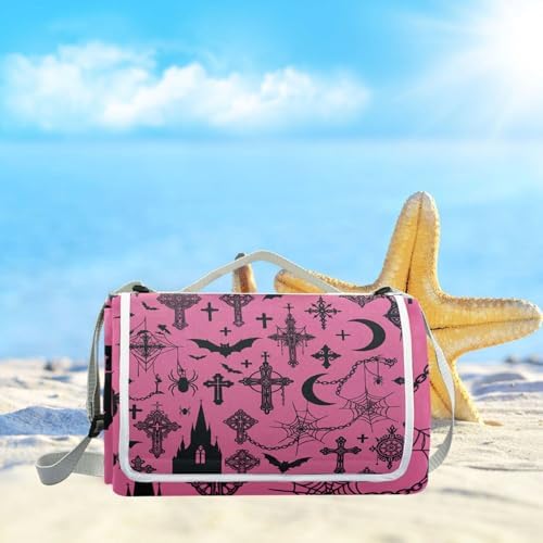 MNSRUU Picnic Blanket Waterproof Foldable, Gothic Bat Moon Castle Large Outdoor Picnic Beach Camping Blanket Travel Mat, Shoulder Strap Tote, Rectangle 57x59in - Image 6